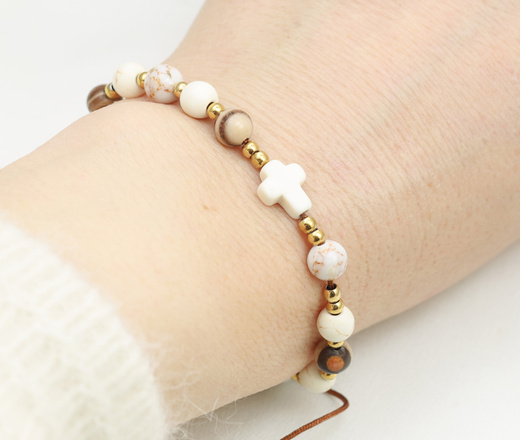 bransoletka różaniec stal złocona na sznureczku brązowo beżowy 1877/17