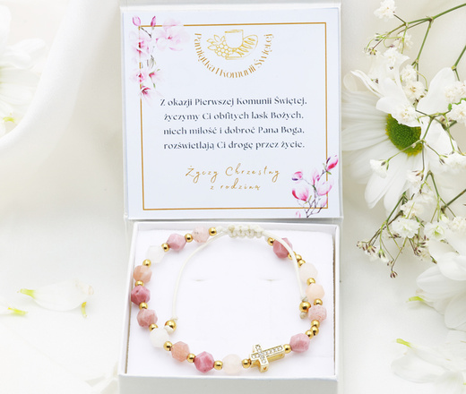 Bransoletka różaniec różowa 1758/8, kamienie naturalne rodonit i awenturyn