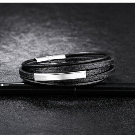 Br599/798 BRANSOLETKA Z GRAWEREM męska skóra czarna stalowa blaszka