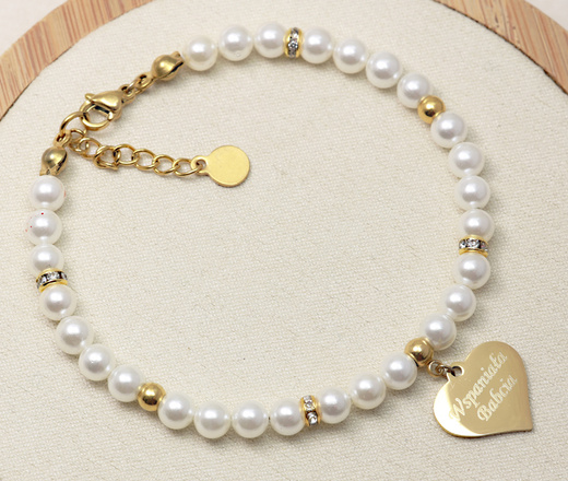 1746/11 Bransoletka z grawerem i perłami dla babci / mamy stal