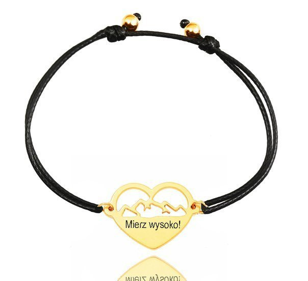 1267 BRANSOLETKA z grawerem na sznureczku, górskie szczyty, góry złote.