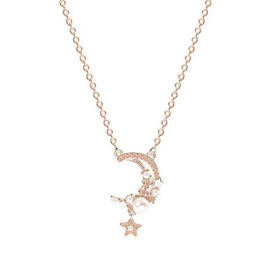 1064/13 Naszyjnik różowe złoto księżyc gwiazdka perełki