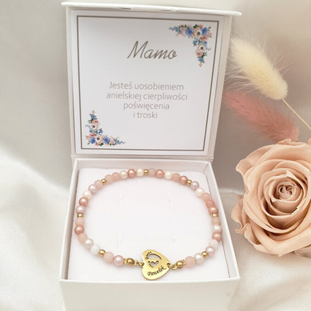 1697 bransoletka grawerowana z perełkami i sercem ze stópkami