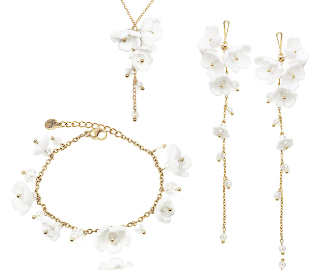 komplet ślubny pozłacany z kwiatuszkami i kryształami handmade 1816/2