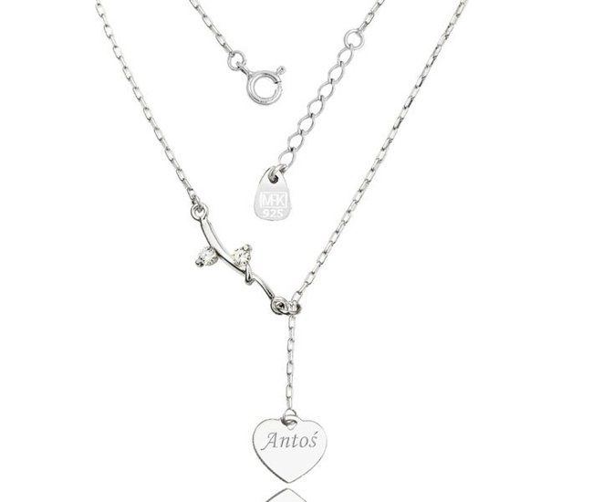 1141 naszyjnik z grawerem krawat, srebrna 925 gałązka z cyrkoniami serce