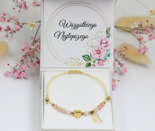 1739 różowa bransoletka pozłacana z grawerem i kamieniami naturalnymi