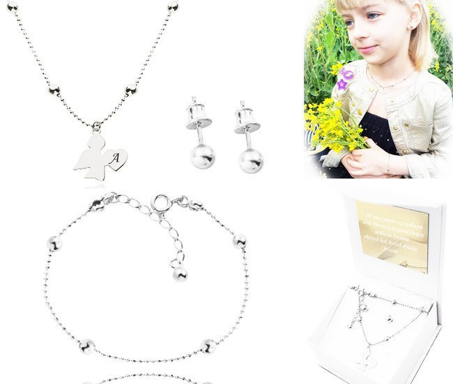 1074/4 komplet Swarovski Elements aniołek srebro 925 prezent na komunię urodziny