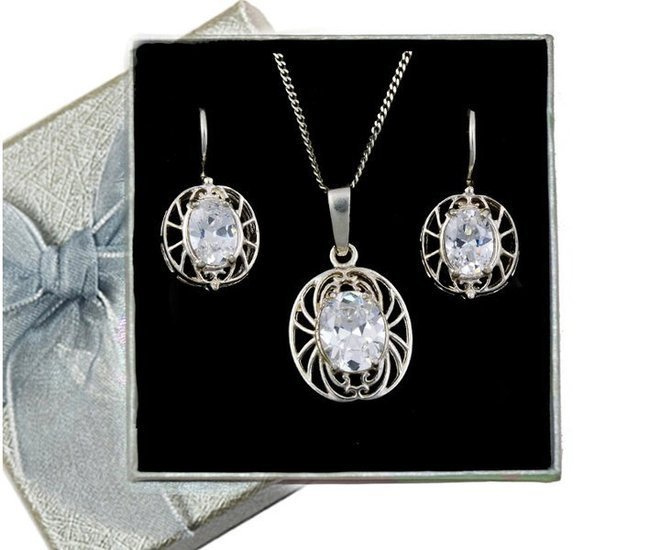 480/196  komplet srebrny ażurowe owale z cyrkonią