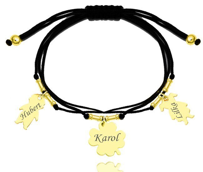 1271 bransoletka grawerowana srebrna 925 pozłacana na sznurkutrzy zawieszki