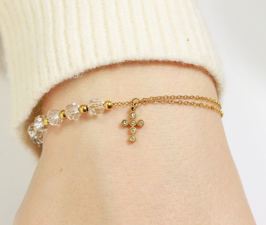 1571/18 bransoletka różaniec złota z kryształkami i krzyżem