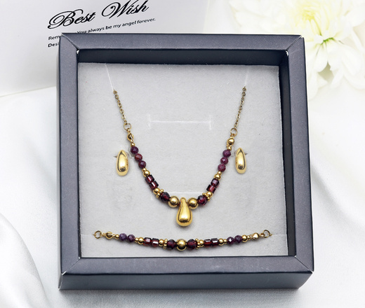 Elegancki bordowy komplet KROPLE złocony z granatem 1875/1