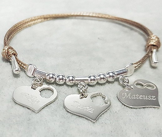 BR962 BRANSOLETKA Z GRAWEREM srebrna na sznurku serce, nutka, klucz wiolinowy