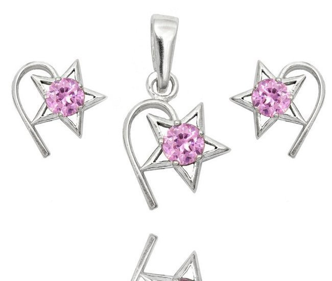 480/287  Komplet srebrny 925, gwiazdki z cyrkonią różową , kolczyki, wisiorek .