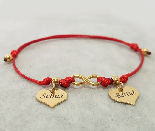 1028 BRANSOLETKA Z GRAWEREM złota na sznureczku infinity serce stópki